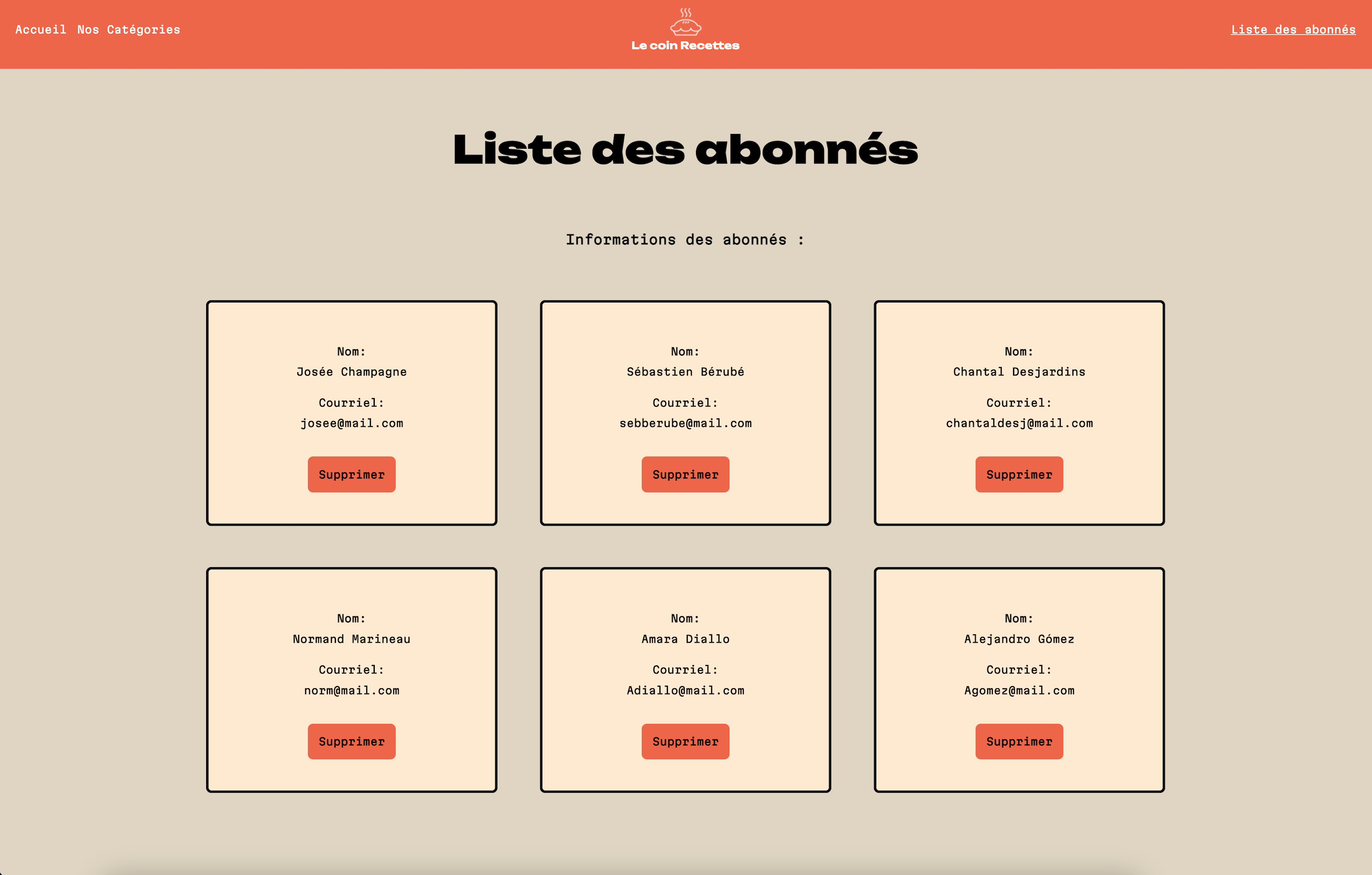 Le coin recettes liste des abonnés