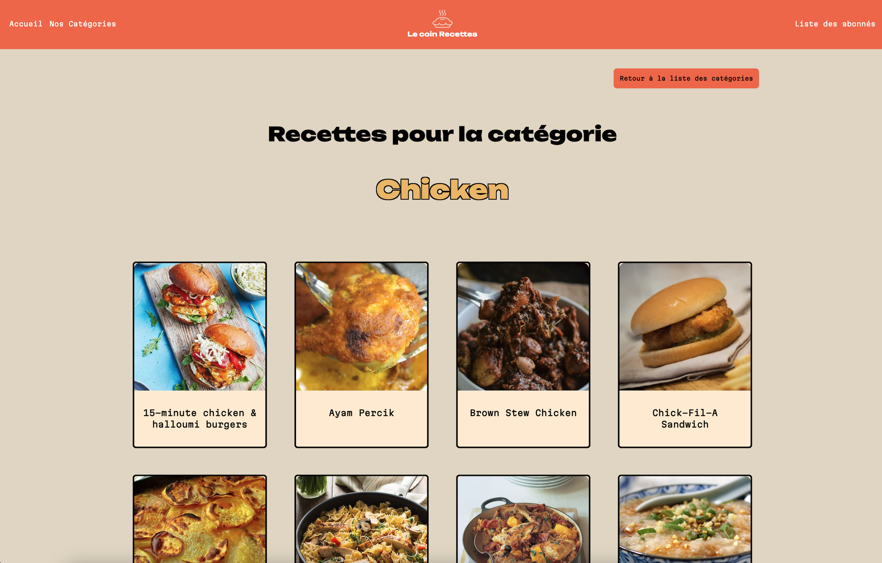 Le coin recettes liste de recettes pour une catégorie